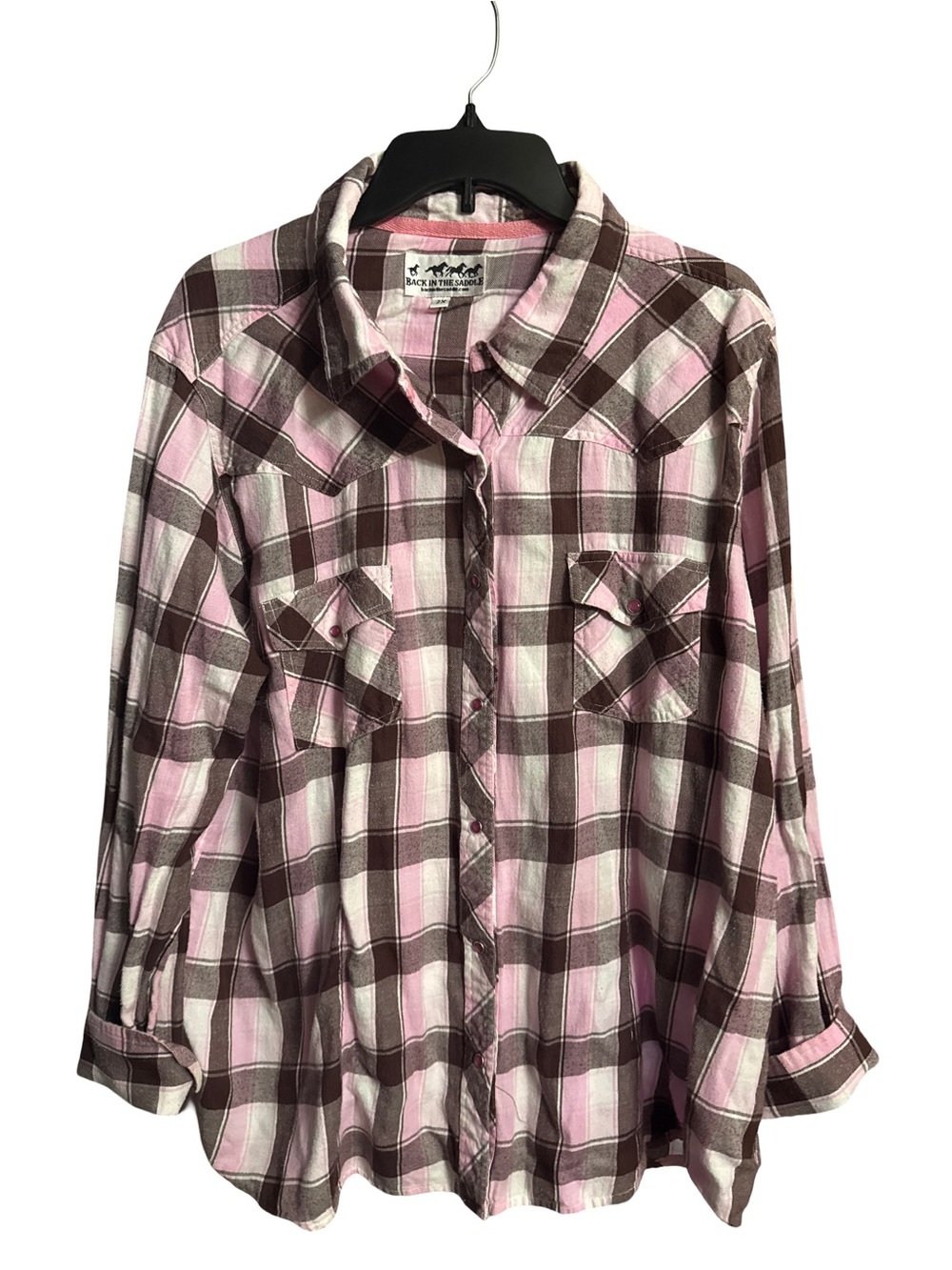 Women's Pink and Brown Plaid Button-Down Shirt by Back in the Saddle